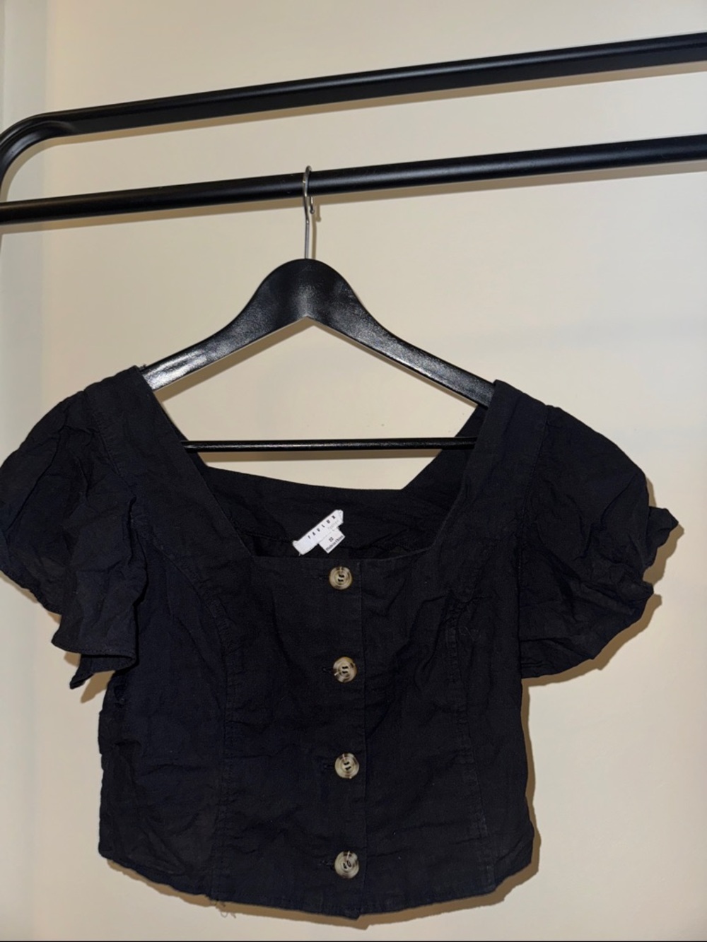 FAVLUX Black Button-Front Square Neck Crop Top with Puff Sleeves